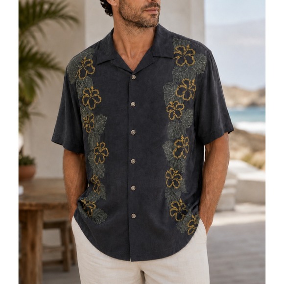 Tommy Bahama Other - Tommy Bahama 100% Silk SS Floral Button Down Shirt Faded Black Mens XL Coastal